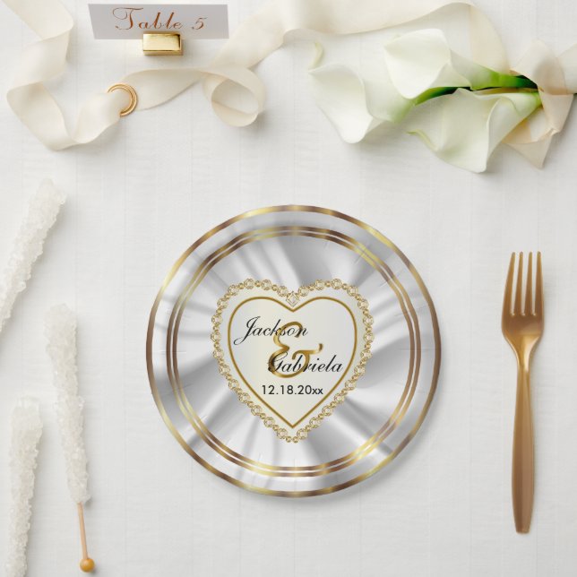Classy Gold & Satin White Wedding or Anniversary Paper Plate (Wedding)