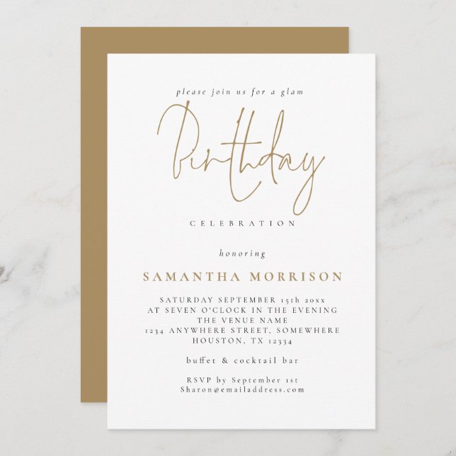 Classy Gold Script Any Age Birthday Invitation (Front/Back)