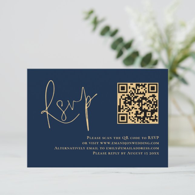 Classy Gold Script Navy Blue QR Code Wedding RSVP  (Standing Front)