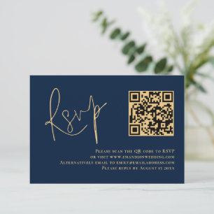 Classy Gold Script Navy Blue QR Code Wedding RSVP  Card