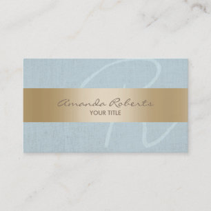Classy Gold Stripe Blue Linen Monogram Business Card