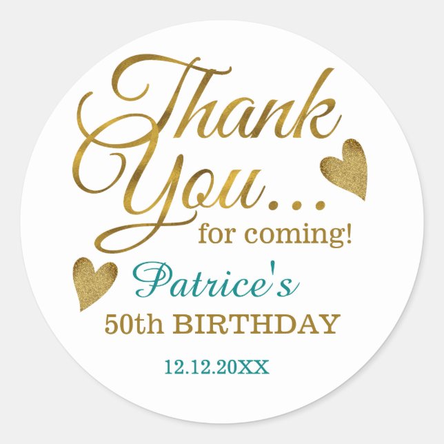 Classy Gold Teal 50th Birthday Thank You  Classic Round Sticker (Front)