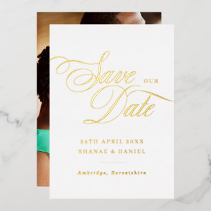Classy Gold & White Script Photo Save The Date