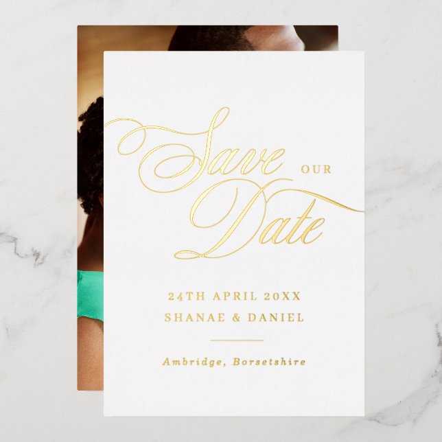 Classy Gold & White Script Photo Save The Date (Front/Back)