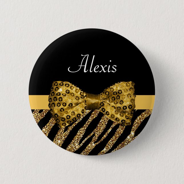 Classy Gold Zebra Print FAUX Glitz Bow With Name 6 Cm Round Badge (Front)