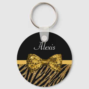 Classy Gold Zebra Print FAUX Glitz Bow With Name Key Ring