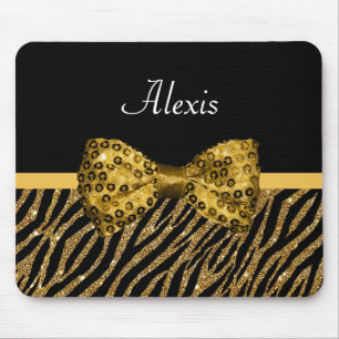 Classy Gold Zebra Print FAUX Glitz Bow With Name Mouse Mat