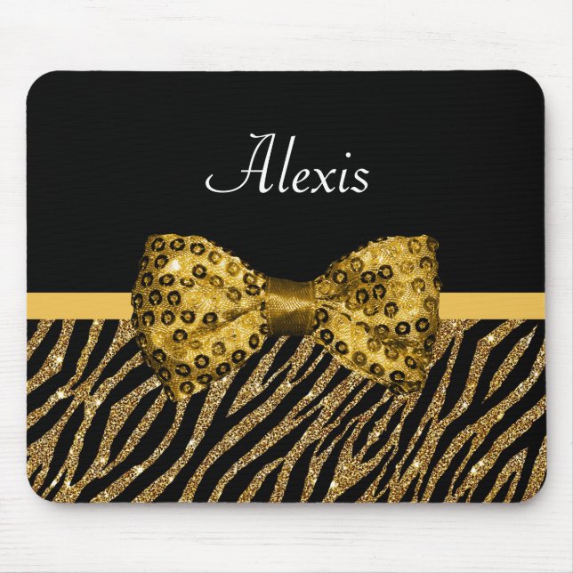 Classy Gold Zebra Print FAUX Glitz Bow With Name Mouse Mat (Front)