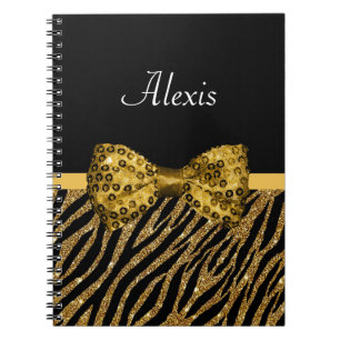 Classy Gold Zebra Print FAUX Glitz Bow With Name Notebook