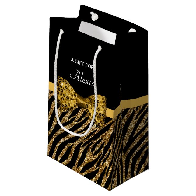 Classy Gold Zebra Print FAUX Glitz Bow With Name Small Gift Bag (Front Angled)