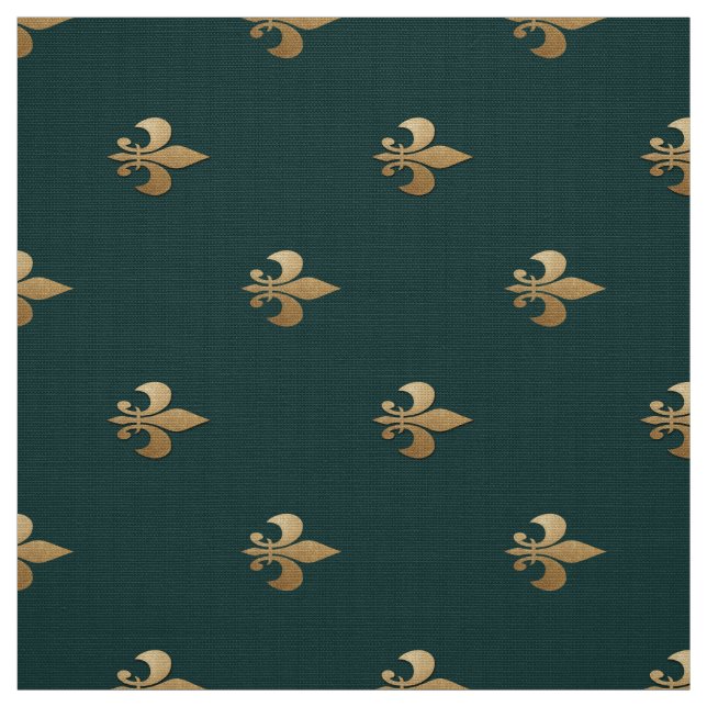 Classy golden like fleur de lis on dark sea green fabric (Swatch)