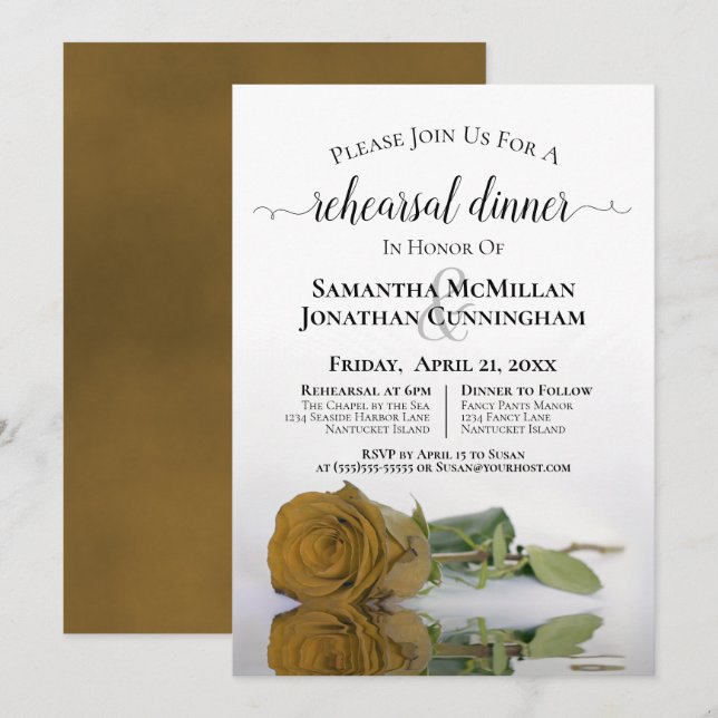 Classy Golden Ochre Rose Wedding Rehearsal Dinner Invitation (Front/Back)