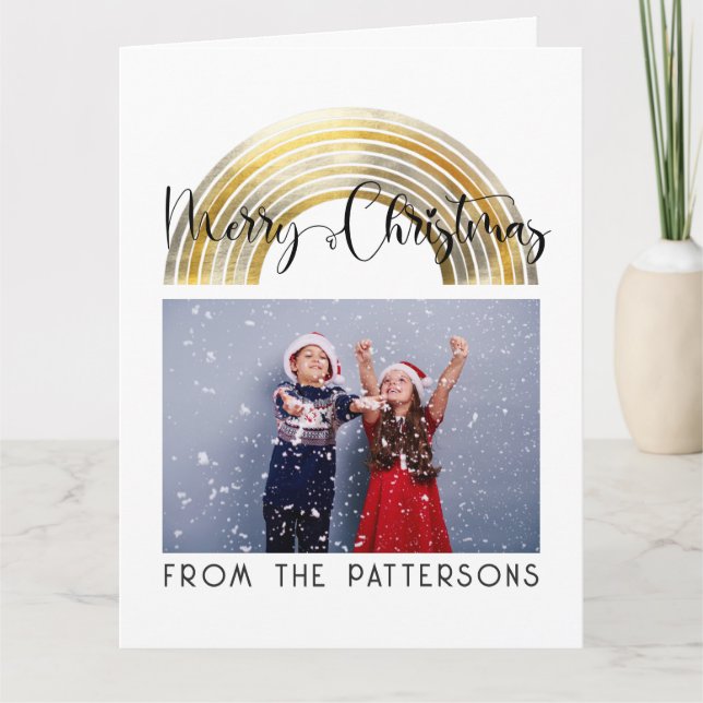  Classy Golden Rainbow Family Name Merry Christmas Card (Front)