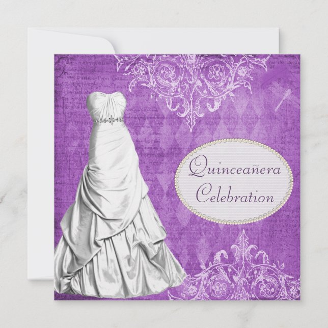 Classy Gown Vintage Shabby Chic Purple Quinceanera Invitation (Front)