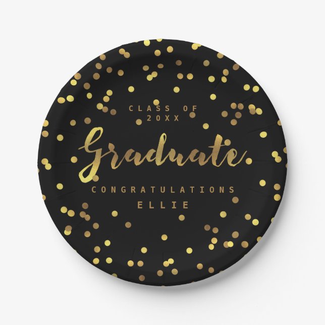 Classy Graduate Faux Gold Foil Confetti Black Paper Plate (Front)