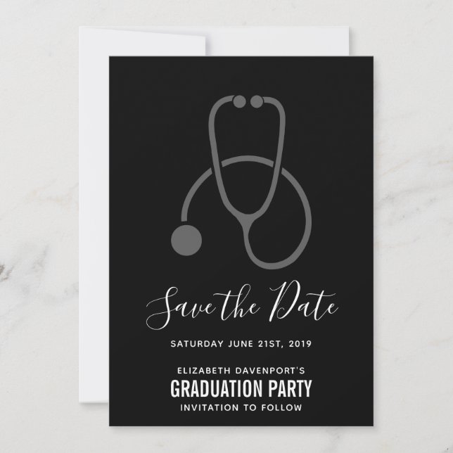 Classy  Graduation Party Grey on Black Stethoscope Save The Date (Front)