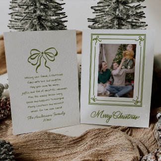 Classy Green Bows Stylish Frame Photo Christmas Holiday Card