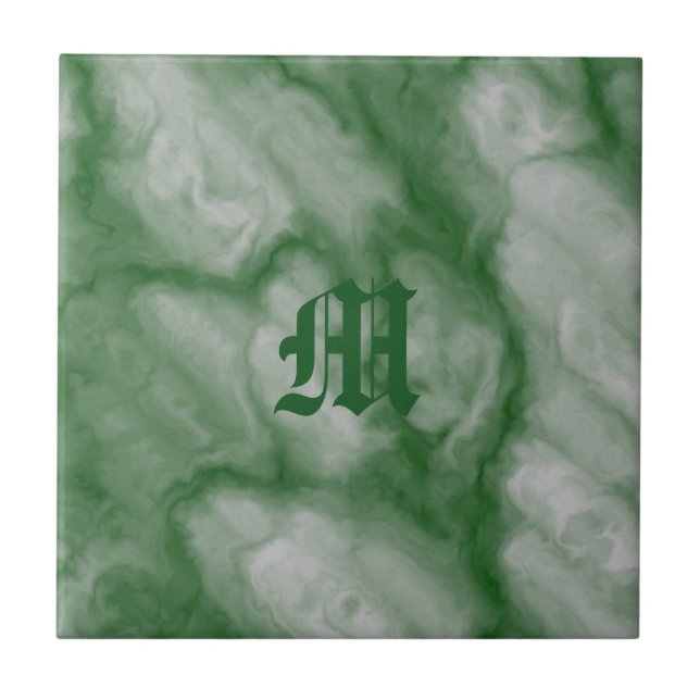 Classy Green Grey Faux Marble Monogram Tile (Front)