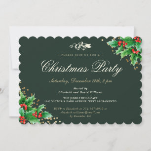Classy Green Holly Berries Christmas Party Invitation