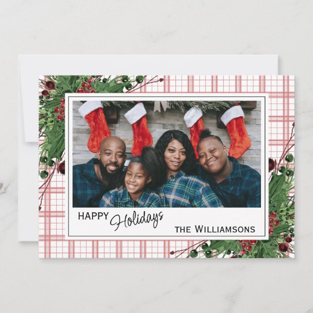 Classy Green Holly Red Berries Botanical Foliage Holiday Card (Front)