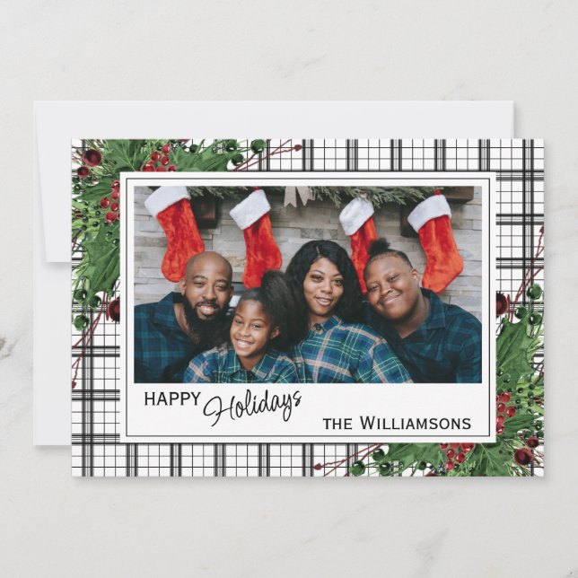 Classy Green Holly Red Berries Botanical Foliage Holiday Card (Front)