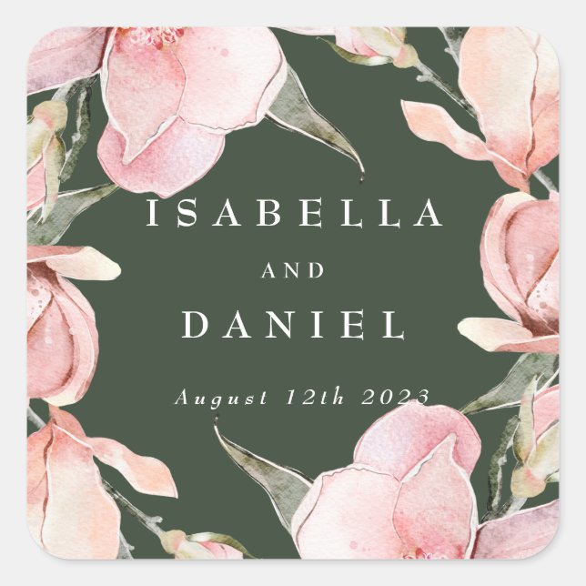 Classy Green Magnolia Custom Wedding Square Sticker (Front)