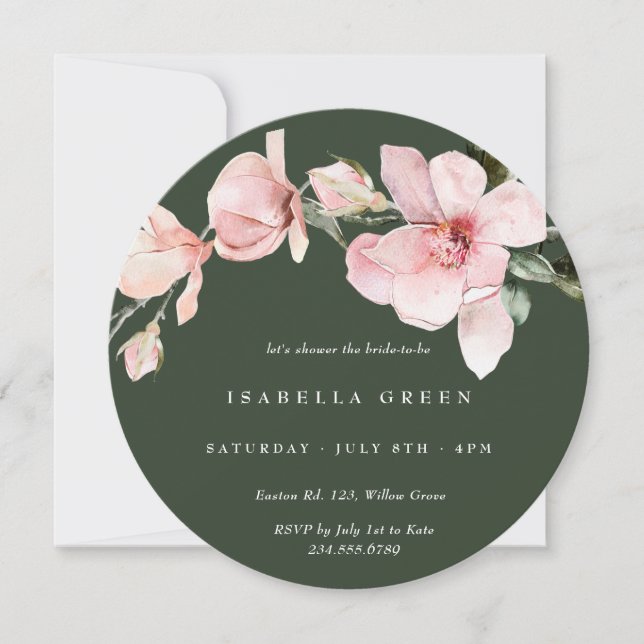 Classy Green Watercolor Magnolia Bridal Shower Invitation (Front)