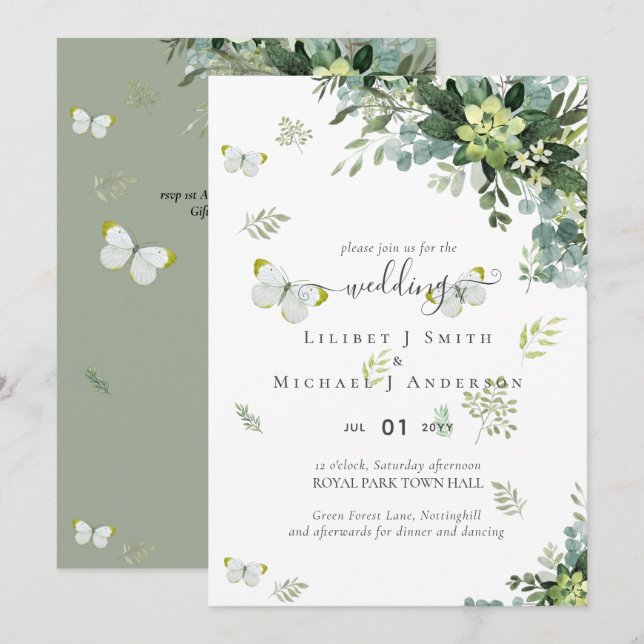 Classy Greenery Foliage Wedding Invitations Budget (Front/Back)