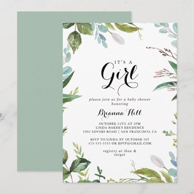Classy Greenery Tropical It's A Girl Baby Shower Invitation (Front/Back)