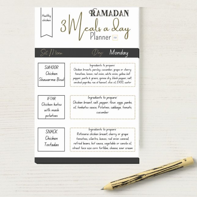 Classy Greeny Ramadan 3 Meals a Day Planner  Post-it Notes (Healthy Chicken Menus in Ramadan )