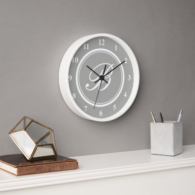 Classy grey and white custom monogram wall clock (Office)