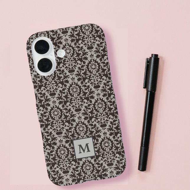 Classy Grey Black Damask Monogram iPhone 16 Case (Creator Uploaded)