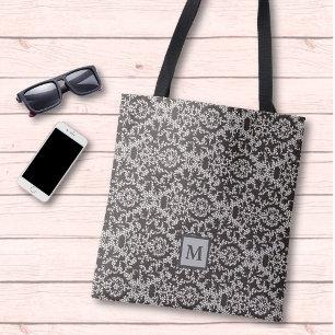 Classy Grey Black Damask Monogram Tote Bag