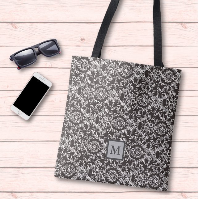 Classy Grey Black Damask Monogram Tote Bag (Creator Uploaded)