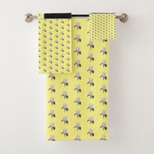 Classy Grey Black Iris Pattern on Yellow Monogram Bath Towel Set