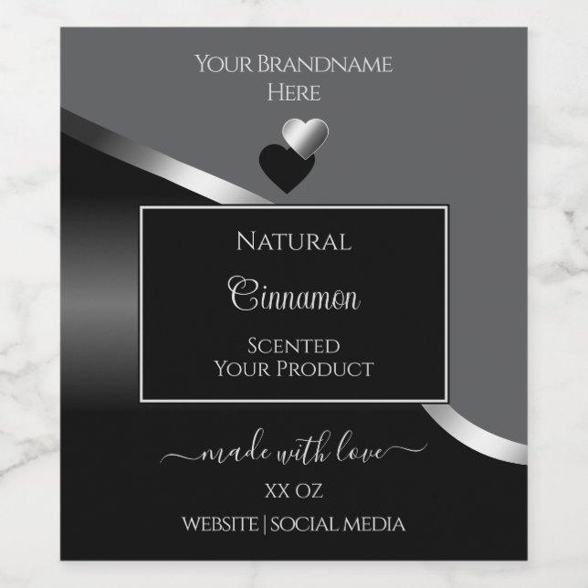 Classy Grey Black Wavy Silver Hearts Product Label (Single Label)