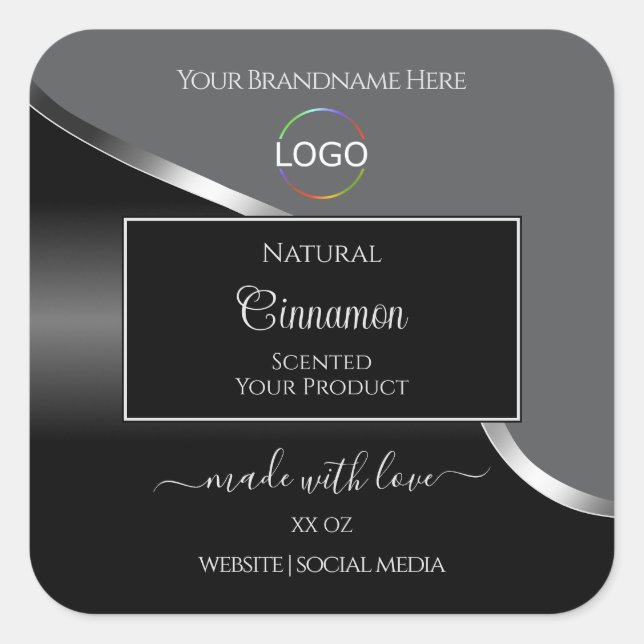 Classy Grey Black Wavy Silver Logo Product Labels (Front)