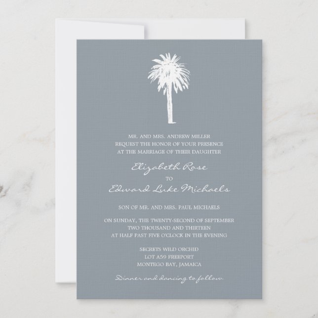 Classy Grey Palm Tree Destination Wedding Invitation (Front)
