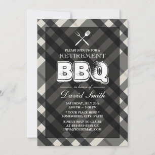 Classy Grey Plaid BBQ Retirement Party Invitations