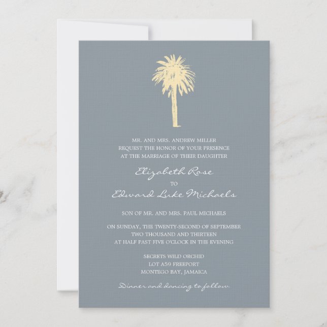 Classy Grey Yellow Palm Tree Destination Wedding Invitation (Front)