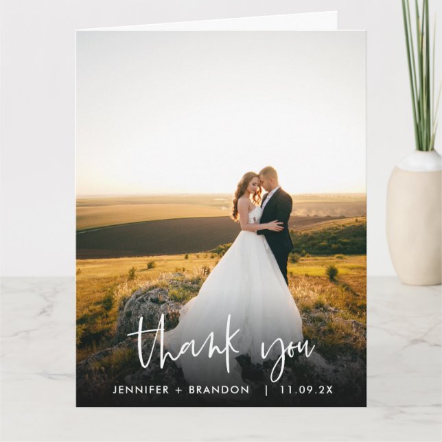 Classy Hand Written Thank you | Wedding Photo Card (Front)