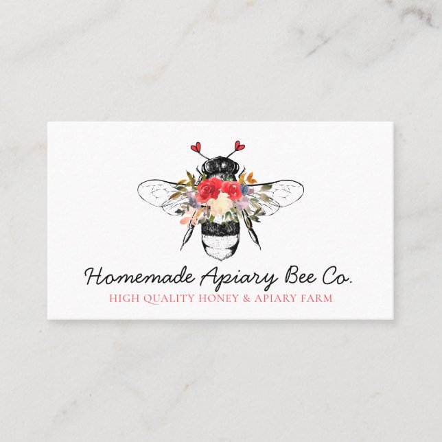 Classy Heart Floral Apiary Honey Bee Business Card (Front)