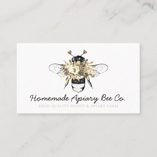 Classy Heart Gold Floral Apiary Honey Bee Business Card (Front)