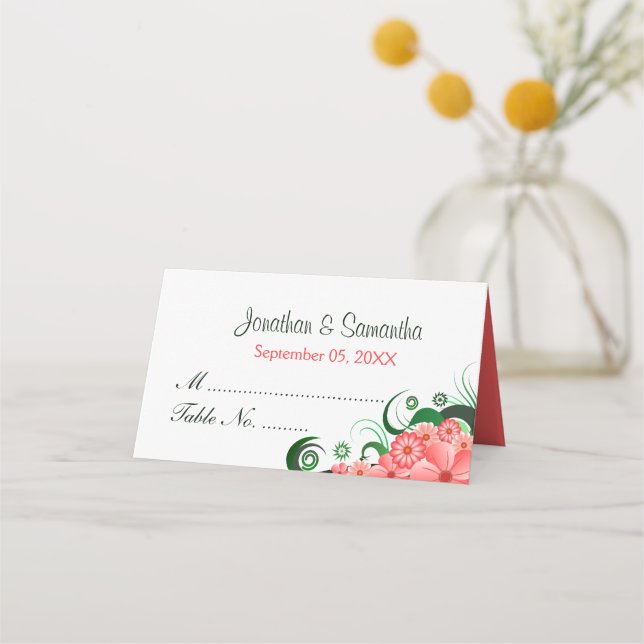 Classy Hibiscus Floral Pink White Folded Table Place Card (Front)