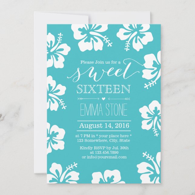 Classy Hibiscus Flower Turquoise Sweet 16 Birthday Invitation (Front)