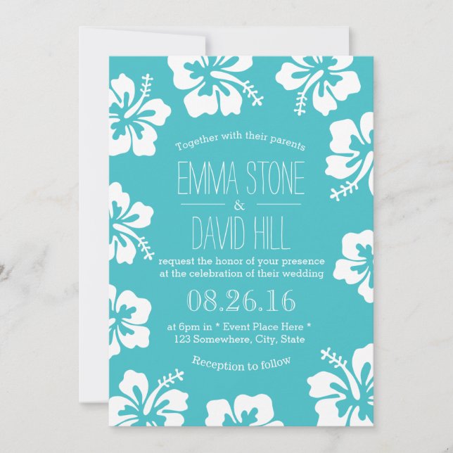 Classy Hibiscus Flowers Turquoise Wedding Invitation (Front)