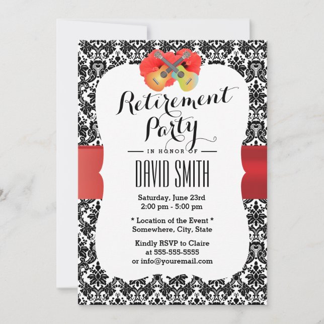 Classy Hibiscus & Ukulele Damask Retirement Party Invitation (Front)