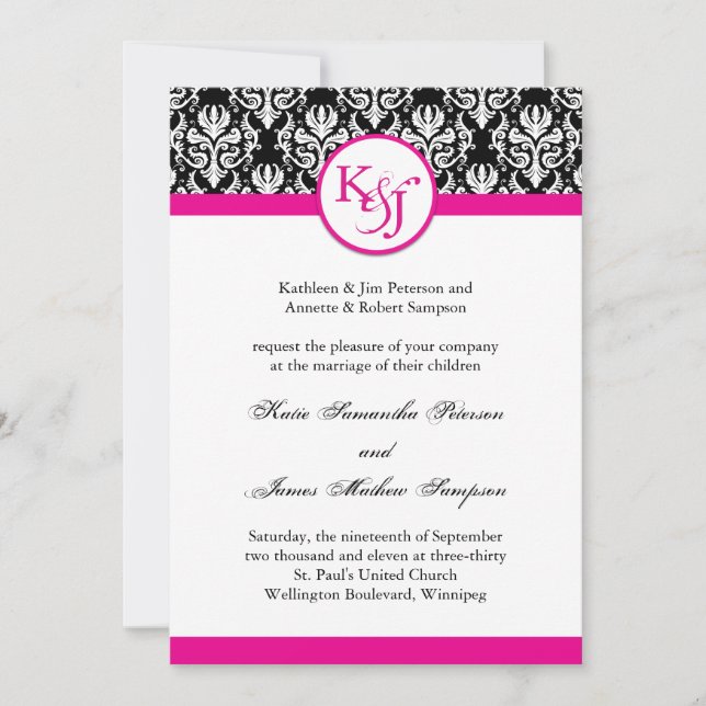 Classy Hot Pink Damask Wedding Invitation Template (Front)