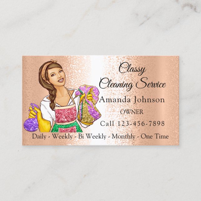 Classy House Cleaning Service Maid Glitter Rose Business Card (Front)