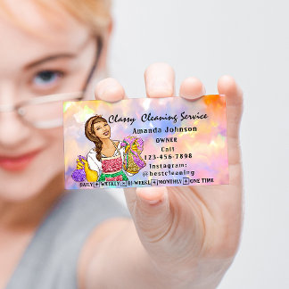 Classy House Cleaning Service Maid Pink Holograph Business Card